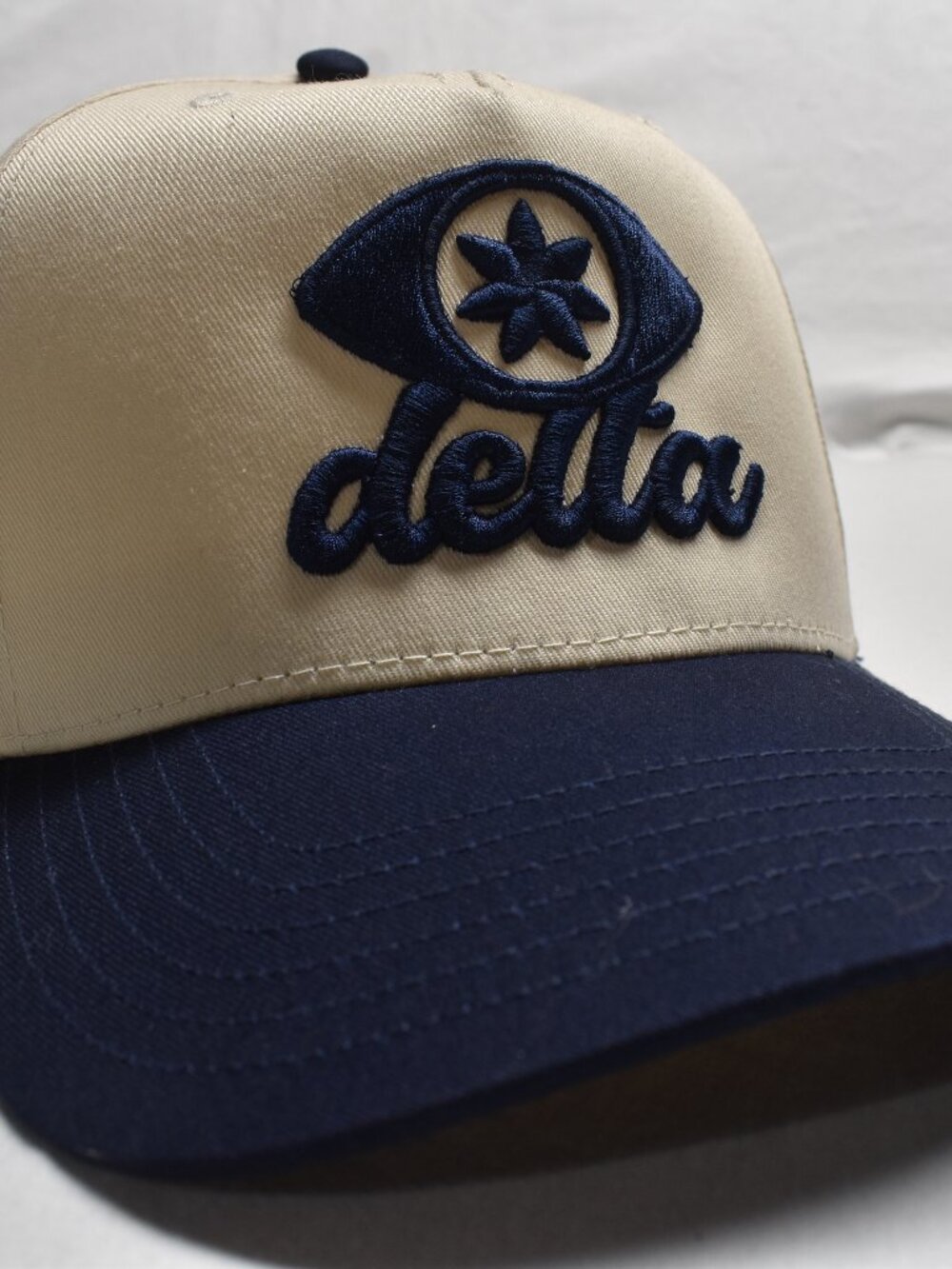 OTTO Snapback Cap Cream Navy delta Script Custom Embroidered